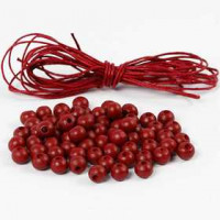 Houten kralen en katoenkoord, d: 8 mm, dikte 3 mm, rood, 1set [HOB-25240]