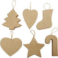 Kerst ornamenten, kerstboom, smal hart, kerstsok, breed hart, ster en zuurstok, h: 7+8 cm, 6stuks [HOB-267013]