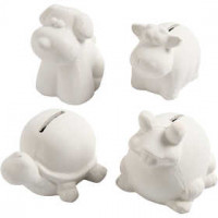 Dieren spaarpotten, koe, hond, kikker en schildpad , h: 7-10 cm, wit, 4stuks [HOB-50501]