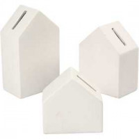 Spaarpotten, huizen, h: 9+12+15 cm, dikte 5,3 cm, wit, 3stuks [HOB-50548]