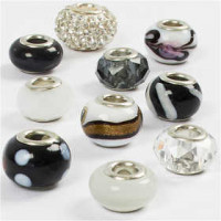 Glas link kralen, d: 13-15 mm, gatgrootte 4,5-5 mm, zwart/wit harmonie, 10div [HOB-68770]
