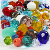 Facet glaskralen mix , afm 3-15 mm, gatgrootte 0,5-1,5 mm, diverse kleuren, 400gr, circa 1030 stuk [HOB-69870]